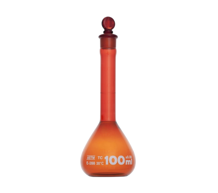 Volumetric Flasks, Class A, Low Actinic Amber, Wide Mouth, With Glass Stopper, As Per USP Standards